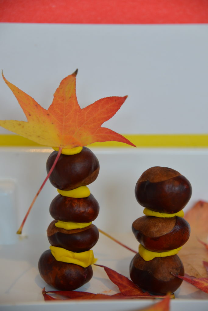 Easy conker and play dough tower