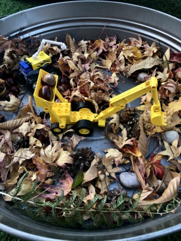 Tuff tray set up with leaves and trucks