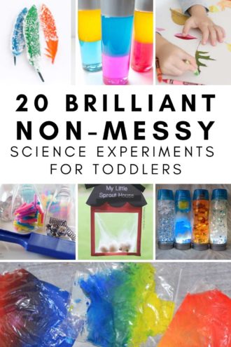 collage of non messy science experiments for toddlers. Includes sensory bags, sensory bottles, magnet ideas, crafts and science activities #toddleractivities.