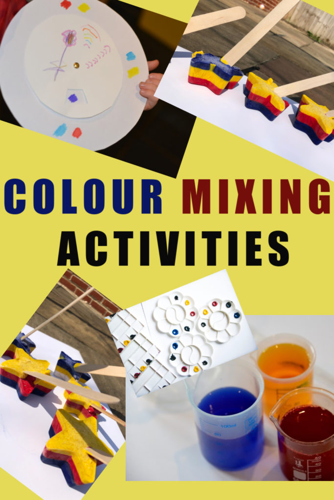 Colour mixing ideas for kids - includes a colour wheel, colour mixing with water and ice painting! #colourmixing #colourtheory #artforpreschoolers #primarycolours