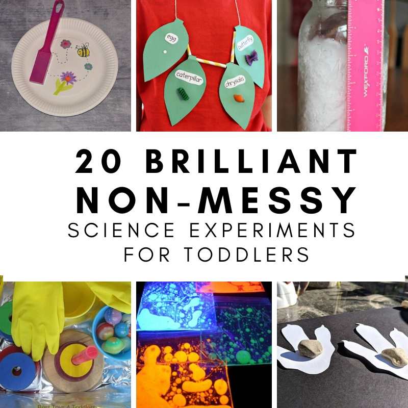 Collage of awesome non messy science experiments for toddlers. Includes crafts, science experiments and sensory activities.