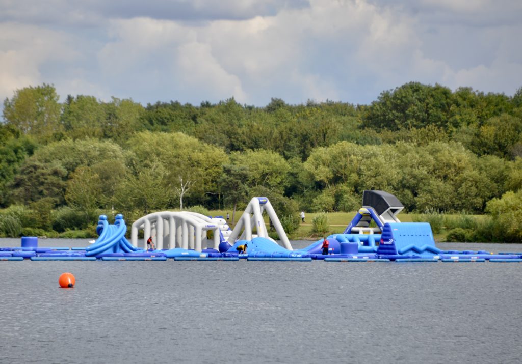 inflatable aqua park on a lake
