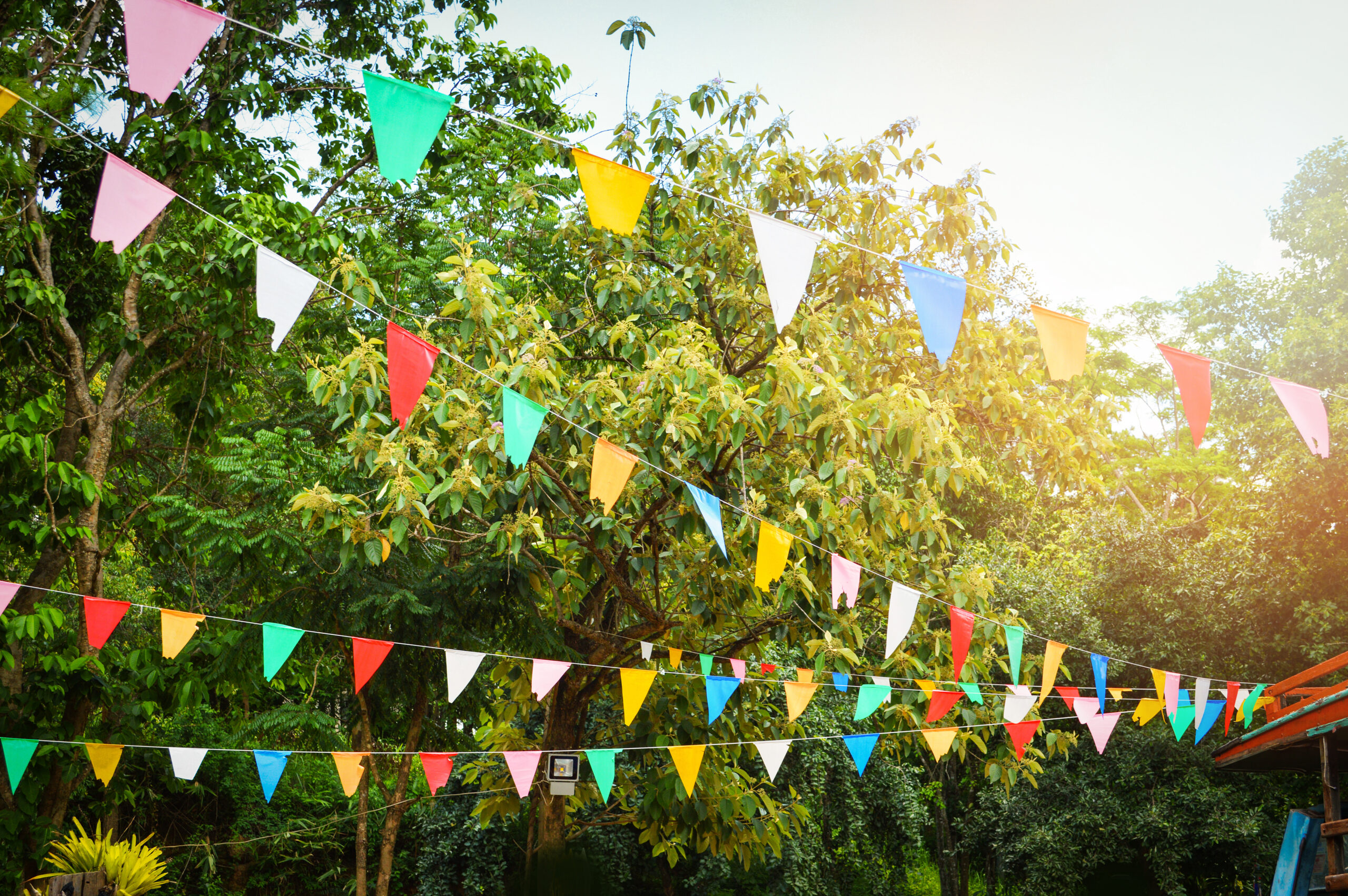 Colourful bunting hanging over a garden for a party