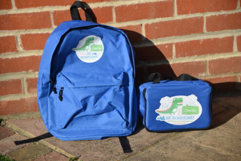 blue personalised dinosaur backpack and lunch bag