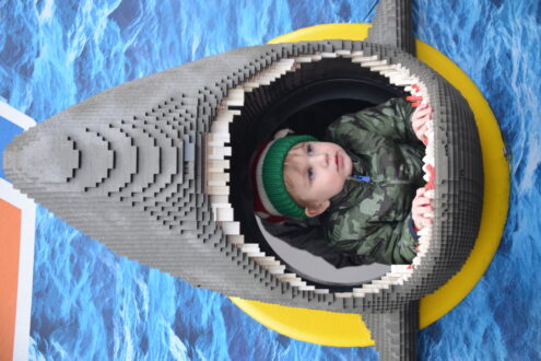 Child's head in a LEGO shark at Legoland Windsor