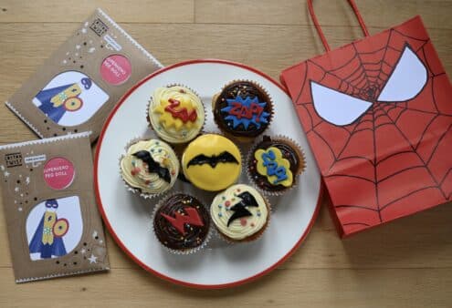 superhero cupcake and Spiderman themed party bag