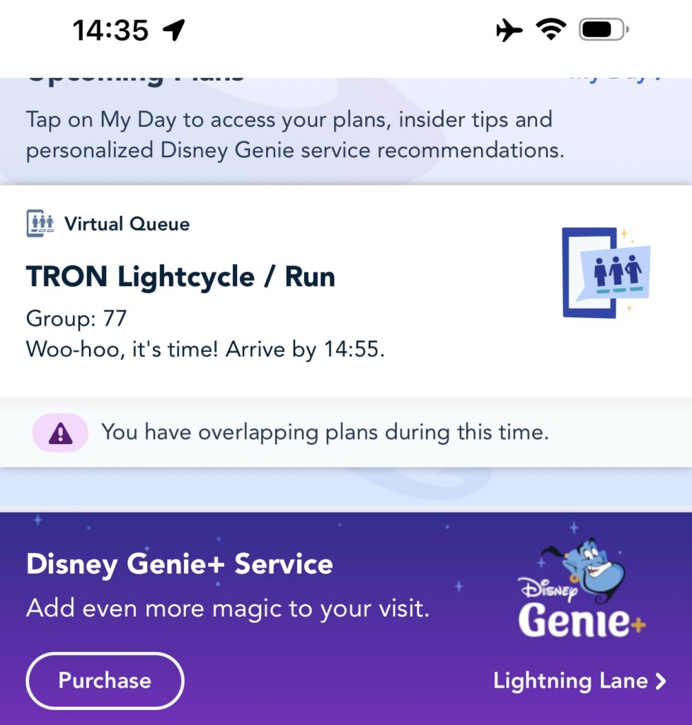 screen shot of the Disney app showing a Tron Virtual Queue booking