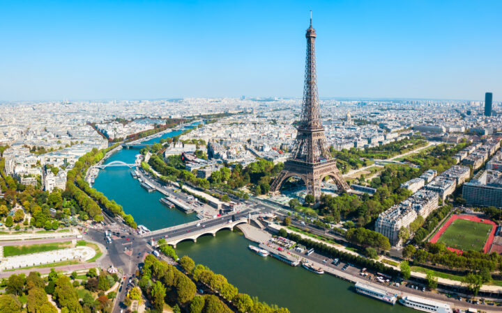 Eiffel Tower or Tour Eiffel aerial view, is a wrought iron lattice tower on the Champ de Mars in Paris, France